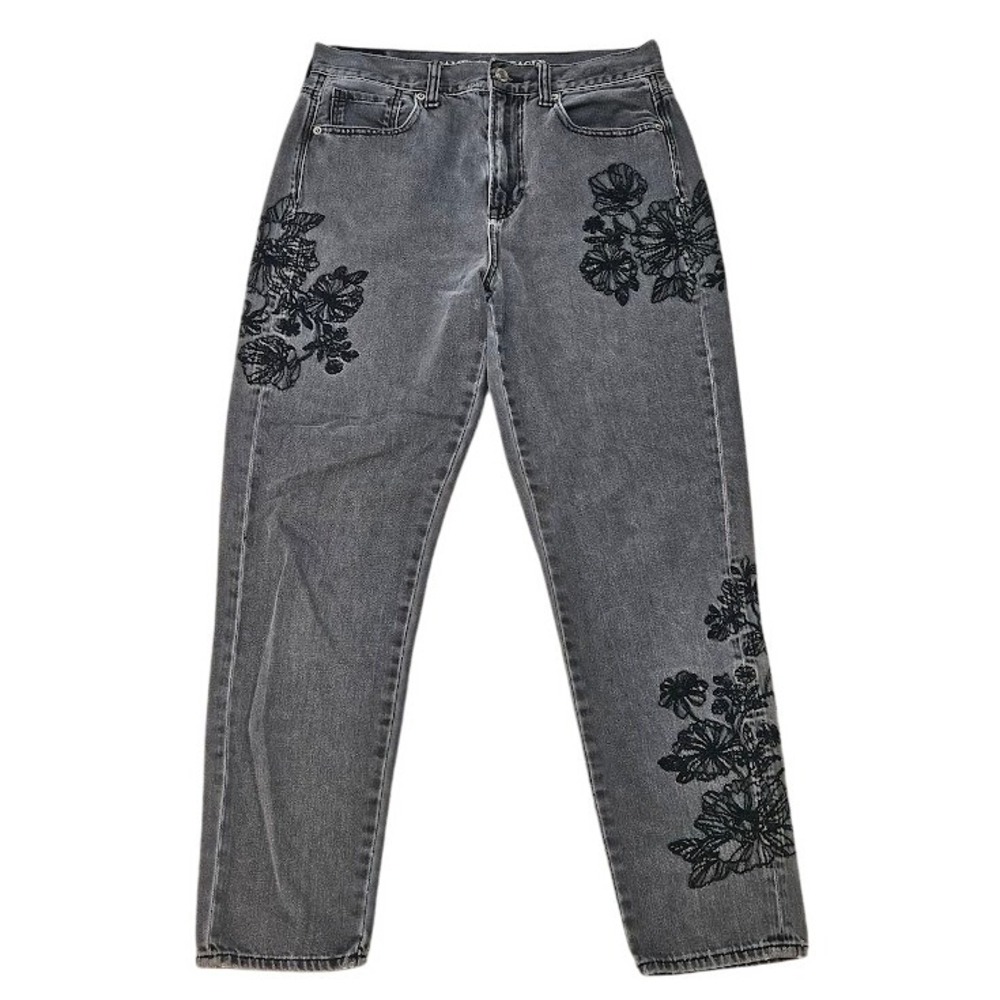 American Eagle Outfitters Gray Straight Leg Jeans with Black Floral Design